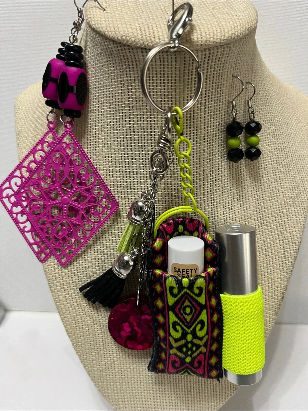 Gift Set 4pc. Neon Pink Lime Double Lipstick Balm Keychain Holder 2 pr.Earrings